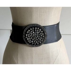 Dark Grey Elastic and Leather Belt with Rhinestone 'Buckle'